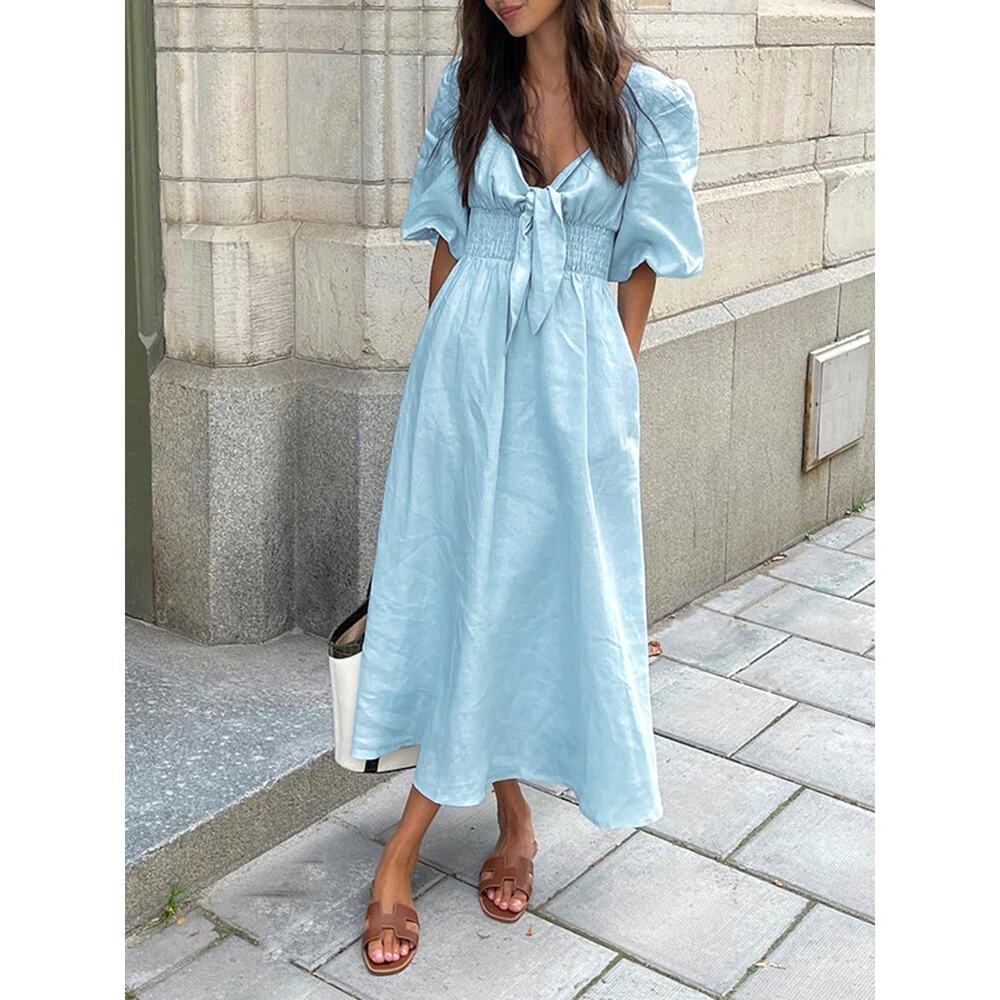 NWT Commense Linen Cotton Front Tie Midi Dress XS Blue Puff Sleeve Pockets Beach